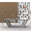 Modern Design Desk With Three Ring Lights Bookshelves And Transparent Chairs