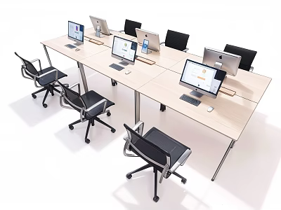 Modern Light Wood Conference Table With Laptops And Black Office Chairs For Team Collaboration 3d model