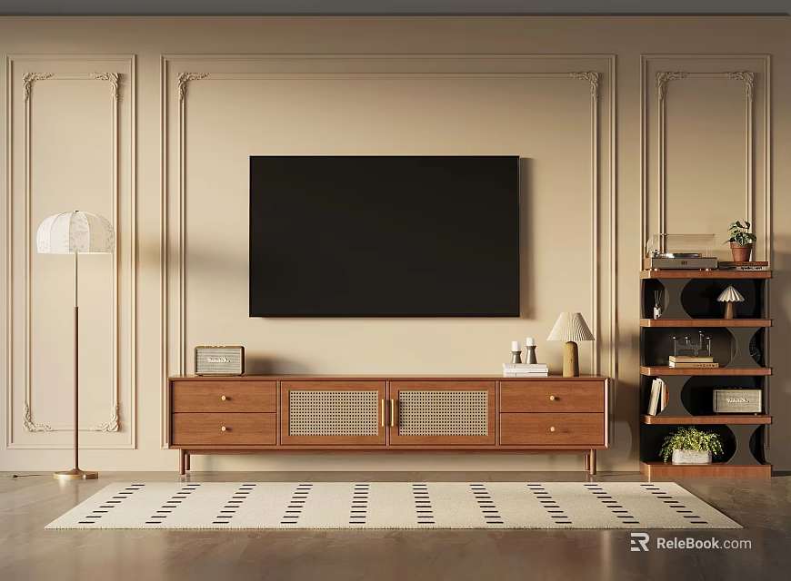 Elegant Living Room With Beige Walls Black TV Wooden Stand And Striped Rug 3d model 
