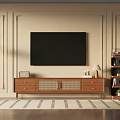 Elegant Living Room With Beige Walls Black TV Wooden Stand And Striped Rug