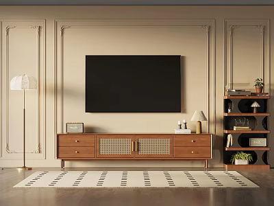 Elegant Living Room With Beige Walls Black TV Wooden Stand And Striped Rug 3d model