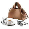 Brown Leather Handbag With Coffee Cup Water Glass Tray And Sunglasses