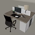 Modern Wooden Office Desk With Gray Chairs Computer Monitors Coffee Cup Plant And White Cabinets