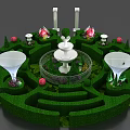 Playground Equipment in Landscaped Garden with Green Hedges White Columns Fountain and Pink Flowers