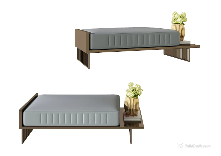 Modern Gray Sofa Bench with Wooden Frame and Side Table Holding Vase 3d model