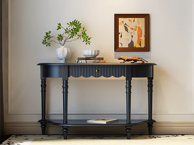 Stylish Black Console Table With White Vase Green Plant Books And Wall Art 3d model