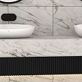 Modern Bathroom Vanity With Double Washbasins Round Mirrors And Marble Wall