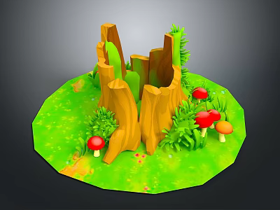 Lush Green Grassy Scene with Wooden Stumps Red and Orange Mushrooms and Small Plants 3d model
