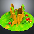 Lush Green Grassy Scene with Wooden Stumps Red and Orange Mushrooms and Small Plants
