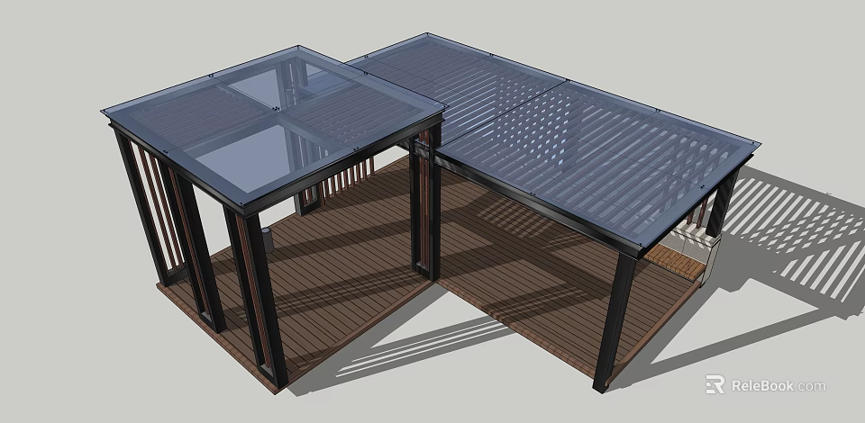 Outdoor Structure With Glass Roof Lattice Design Wooden Flooring And Metal Frame 3d model 