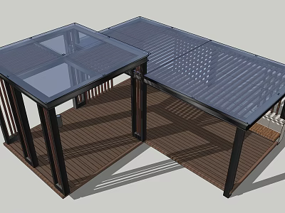 Outdoor Structure With Glass Roof Lattice Design Wooden Flooring And Metal Frame 3d model