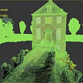 Cartoon Scenery of Brick Building With Pond Bridge and Green Trees