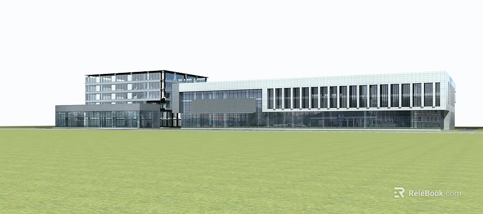 Modern Office Building With Glass Curtain Wall Large Windows And Green Lawn Front 3d model 
