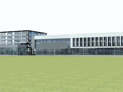 Modern Office Building With Glass Curtain Wall Large Windows And Green Lawn Front 3d model