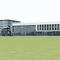 Modern Office Building With Glass Curtain Wall Large Windows And Green Lawn Front
