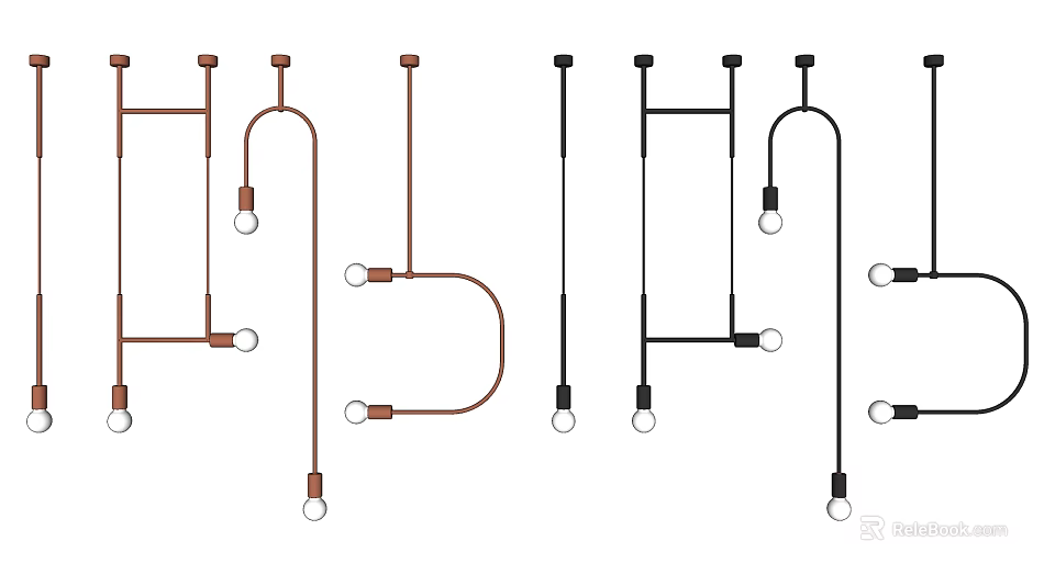 Modern Pendant Light Designs In Brown And Black With Curved Straight Structures And Minimalist Bulbs 3d model 