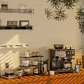 Decorative Ornament Combination in Cozy Corner With Wooden Counter Coffee Machine Cups Plants and Sunlight