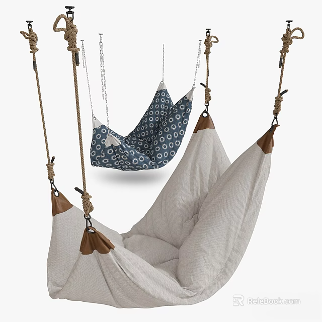 Hanging Hammock Chairs With Blue Patterned And Beige Soft Fabric And Leather Accents 3d model 