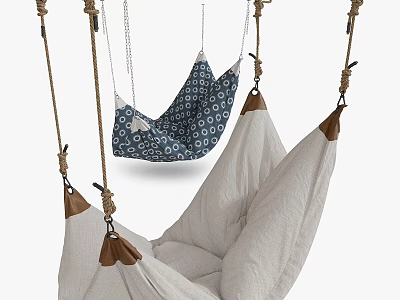 Hanging Hammock Chairs With Blue Patterned And Beige Soft Fabric And Leather Accents 3d model