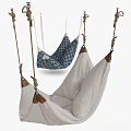 Hanging Hammock Chairs With Blue Patterned And Beige Soft Fabric And Leather Accents