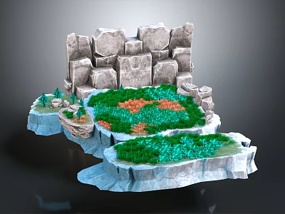 3D Rocky Landscape Scene With Green Grass Colorful Patches And Small Trees 3d model