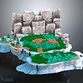 3D Rocky Landscape Scene With Green Grass Colorful Patches And Small Trees