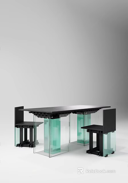 Modern Dining Table Set With Black Tabletop Green Transparent Glass Column Supports And Black Chairs 3d model 