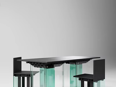 Modern Dining Table Set With Black Tabletop Green Transparent Glass Column Supports And Black Chairs 3d model
