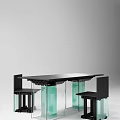 Modern Dining Table Set With Black Tabletop Green Transparent Glass Column Supports And Black Chairs