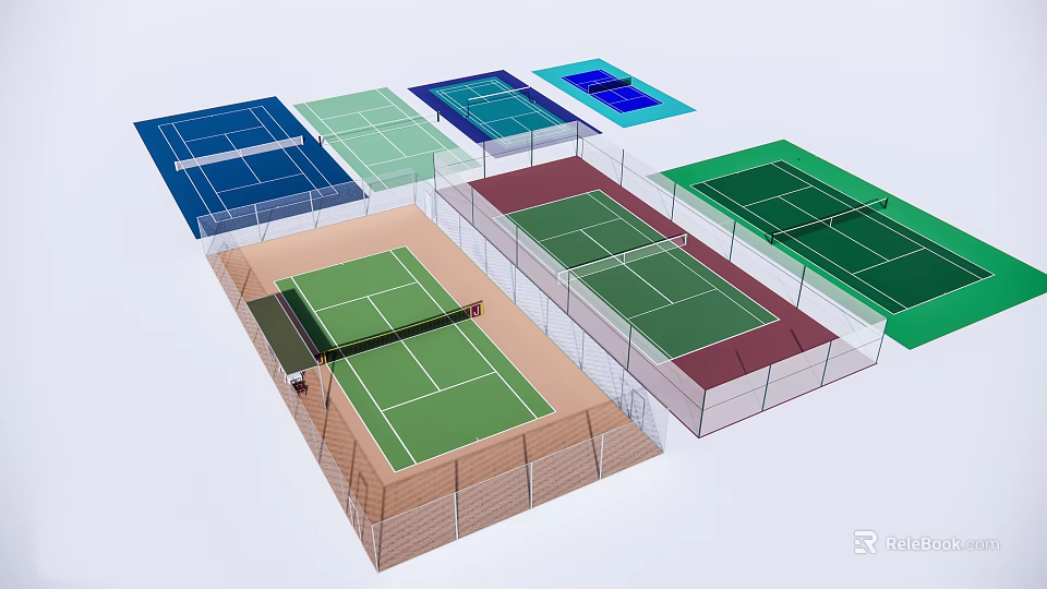 Multiple Colorful Tennis Courts With Different Surfaces And Fences For Sports Fitness 3d model 