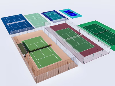 Multiple Colorful Tennis Courts With Different Surfaces And Fences For Sports Fitness 3d model