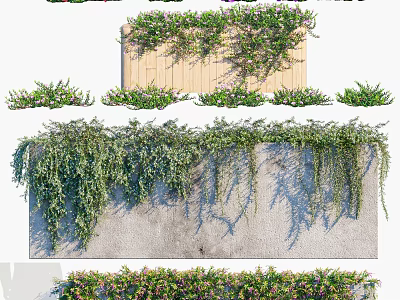 Lush Green Climbing Vines Decorating Wooden Fence And Stone Wall Surfaces 3d model