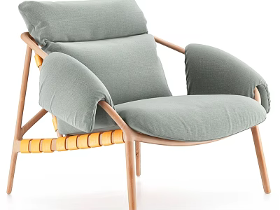 Light Green Cushioned Lounge Chair with Wooden Frame and Woven Details 3d model