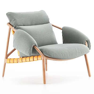 Light Green Cushioned Lounge Chair with Wooden Frame and Woven Details 3d model