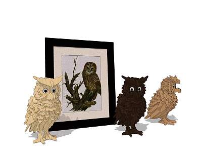 Owl Themed Decorative Ornaments Set with Framed Painting and Wooden Figurines 3d model
