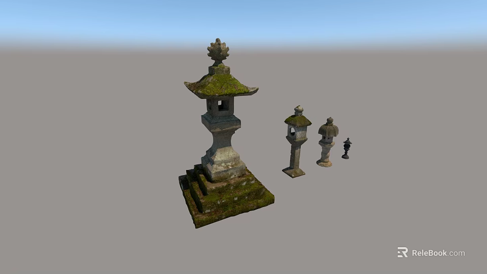 Traditional Stone Outdoor Lights With Pagoda Style Tops Mossy Surfaces And Various Sizes 3d model 