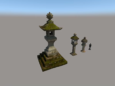 Traditional Stone Outdoor Lights With Pagoda Style Tops Mossy Surfaces And Various Sizes 3d model