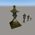Traditional Stone Outdoor Lights With Pagoda Style Tops Mossy Surfaces And Various Sizes