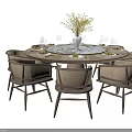 Rustic Round Dining Table Set with Woven Chairs and Yellow Flower Vase 3d model