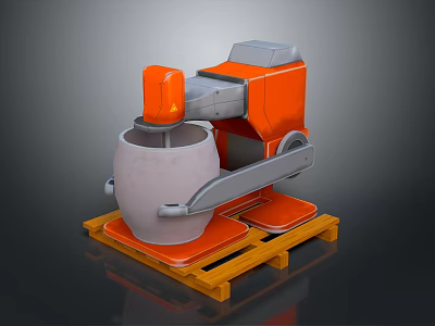 Orange Industrial Mechanical Device With Arm Handling Gray Container On Yellow Pallet 3d model