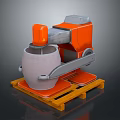Orange Industrial Mechanical Device With Arm Handling Gray Container On Yellow Pallet
