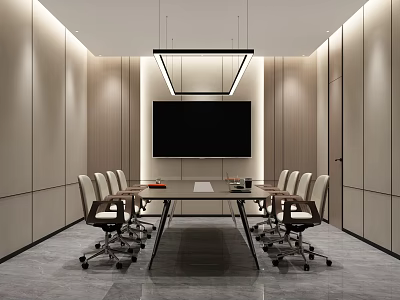 Modern Conference Room With Long Table Comfortable Chairs Large Screen TV And Pendant Light 3d model