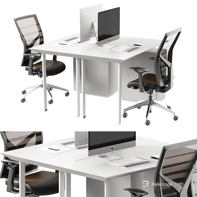 Modern Office Desk Interior Design With Mesh Chairs Computer Monitor And Keyboard 3d model 