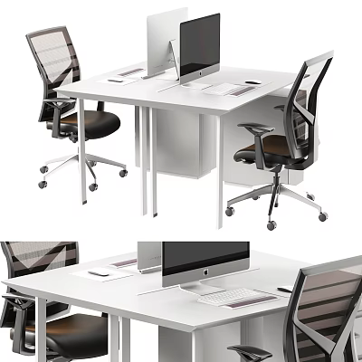 Modern Office Desk Interior Design With Mesh Chairs Computer Monitor And Keyboard 3d model
