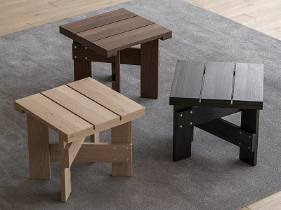 Three Modern Wooden Stools In Different Tones Placed On Gray Carpet 3d model