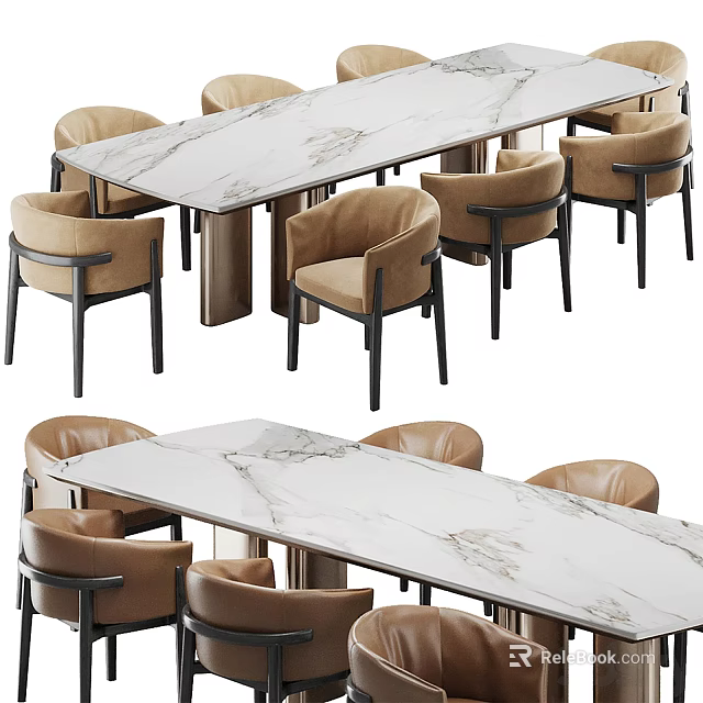 Elegant Modern Dining Table Set with Marble Tabletop Brown Leather Chairs Black Metal Legs 3d model 