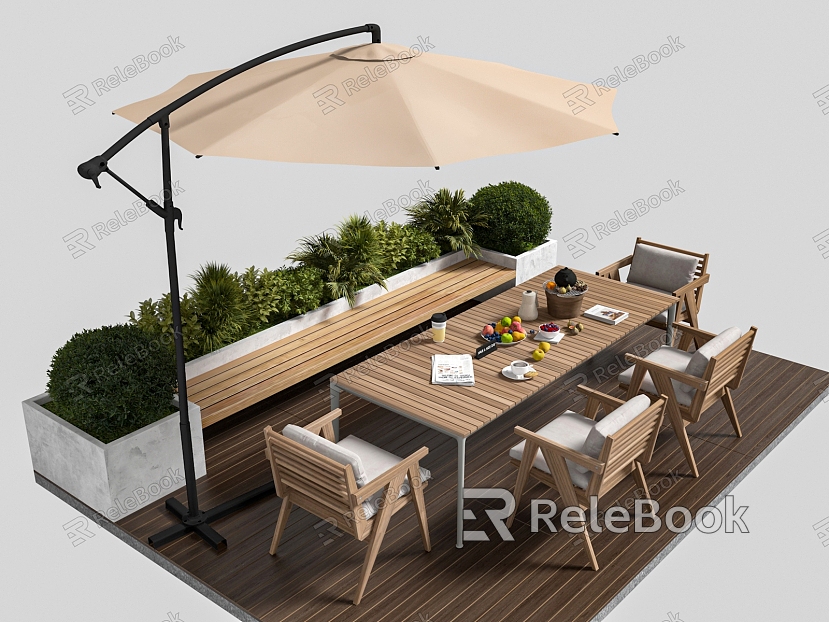 Outdoor leisure table and chair umbrellas tree pool landscape model