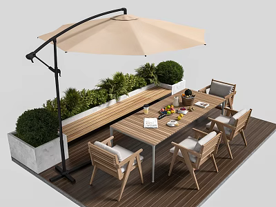 Outdoor Wooden Table On Patio With Beige Umbrella Green Plants And Chairs 3d model
