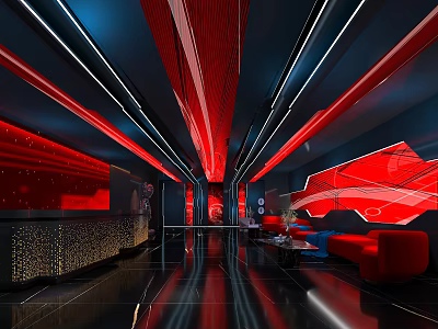 Modern KTV Interior Design With Red Blue Lighting And Sofa Seats 3d model