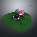 Computer Controlled Mini Robot With Pink Propellers On Green Leaf Black Wheels And Green Lights 3d model